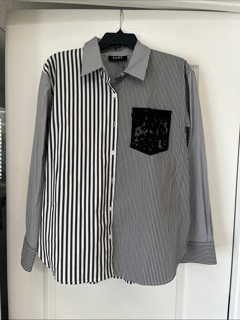 Dkny Black and White Vertical Stripe Button-Down Shirt, M